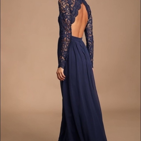 Lulus Awaken My Love Navy Blue Long Sleeves Lace Maxi Dress Size Medium New - Picture 3 of 15